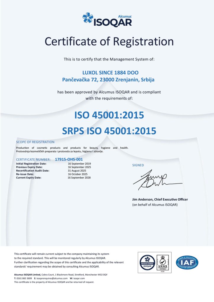 OHS sertifikat 45001 Luxol